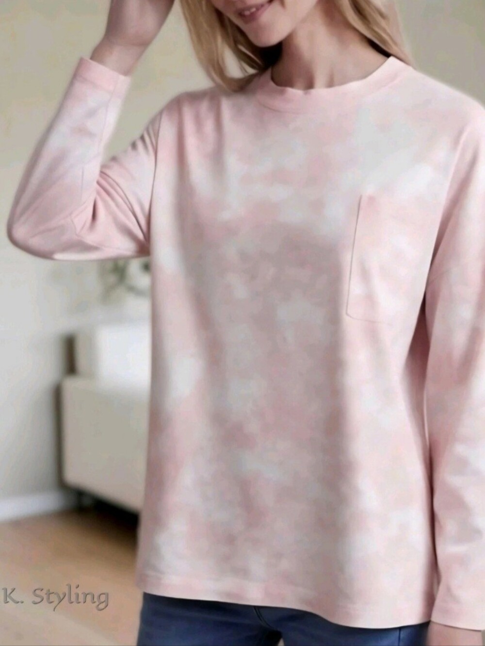 Time & Tru Relaxed Fit Top Dropped Shoulder Long Sleeve Pink/White Tie Dye M/L - Picture 6 of 14